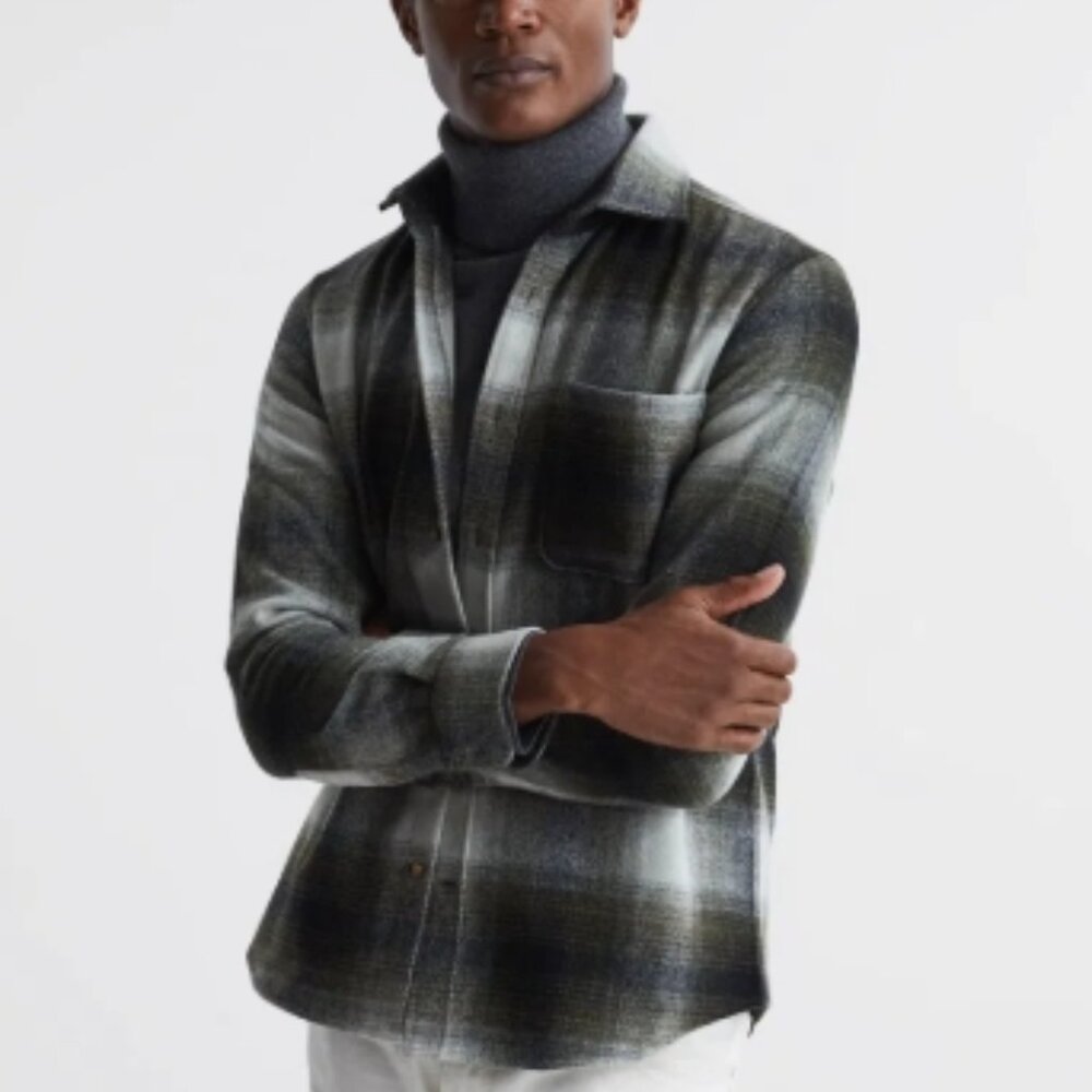 REISS Men's Daytona Long Sleeve Brushed Plaid Overshirt S Navy NWT